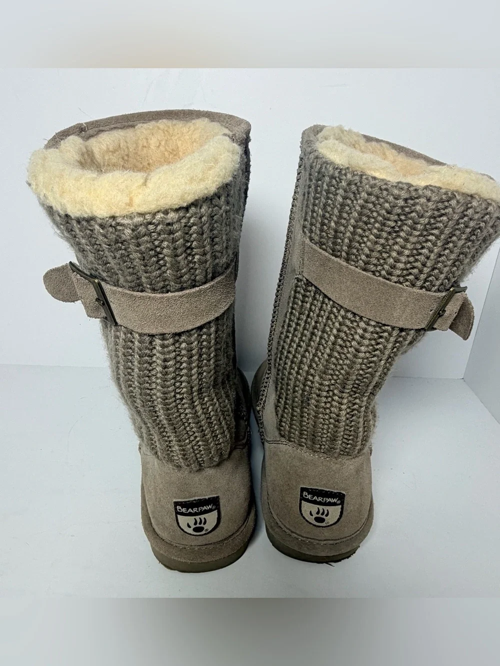 Bearpaw Stella Tall Suede Knit Boots Gray Taupe Women's Size 10